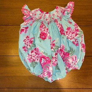 Floral Smocked Bubble Turquoise & Pink
